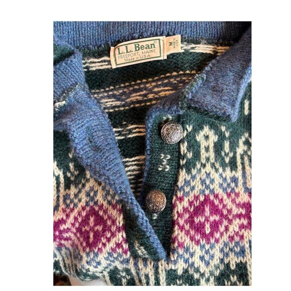 VTG USA Made LL Bean Wool Pullover Sweater Green Intarsia Nordic Design Button M - Picture 7 of 8